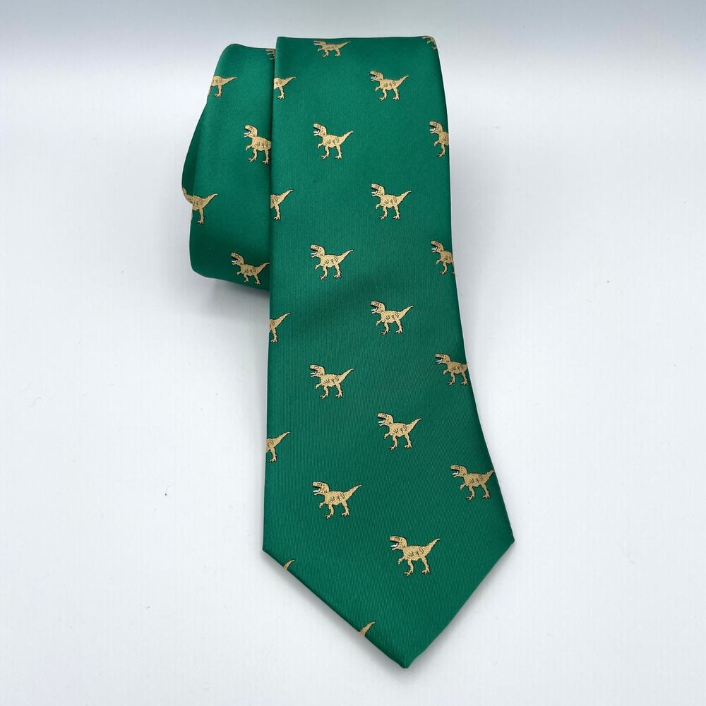 Barry Wang Mens 100% Silk Tie T-Rex Dinosaur Novelty Print Made in Italy Green